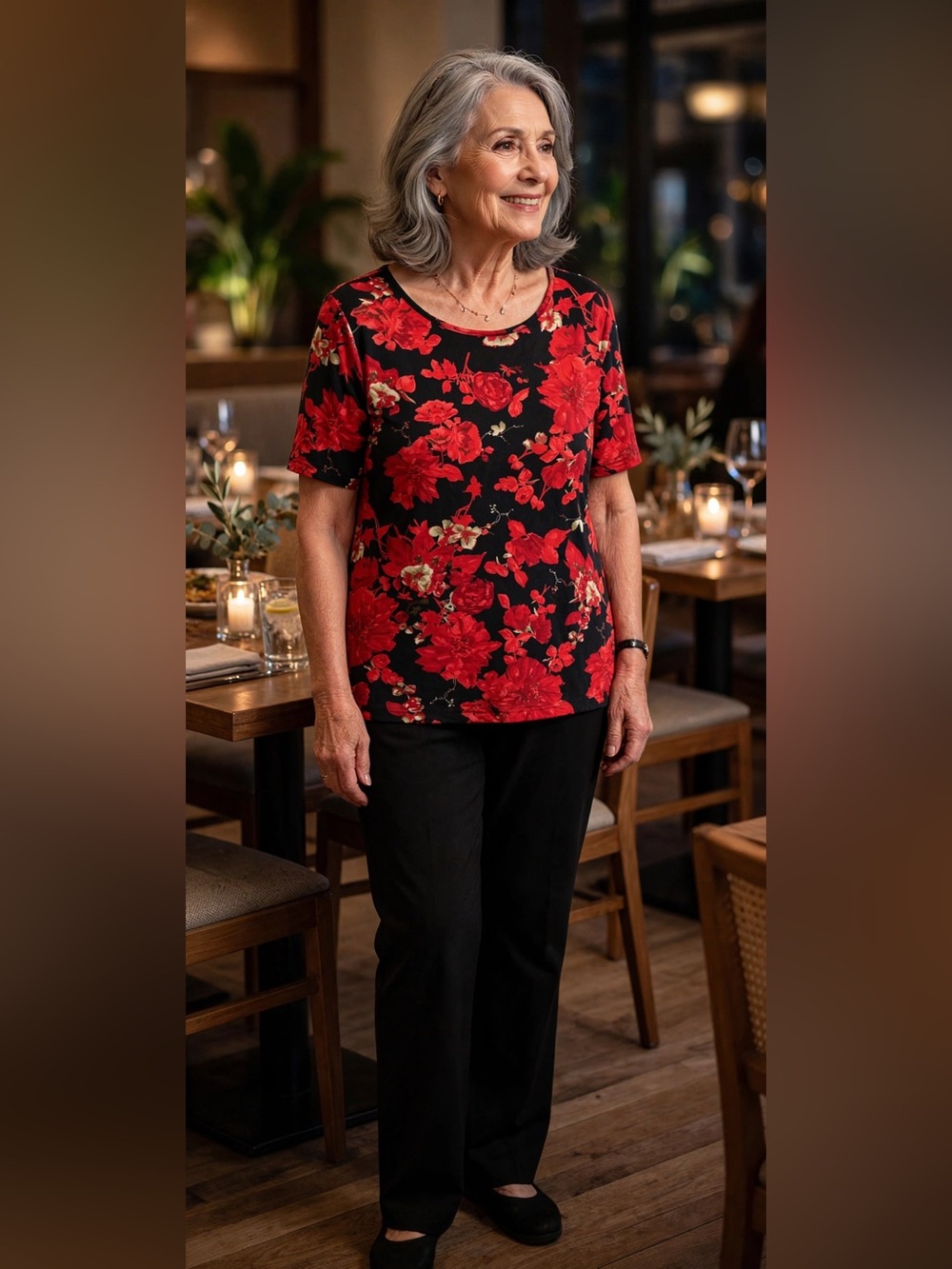 Jaclyn Smith Black Tee with Vibrant Red Floral Print
